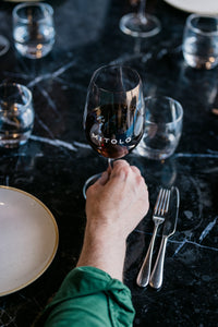 Man holds glass while having lunch at Mitolo's McLaren Vale restaurant Little Wolf Osteria