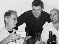 Frank Mitolo, Ben Glaetzer and Frank Serpico enjoy lunch and a glass of Serpico Cabernet Sauvignon